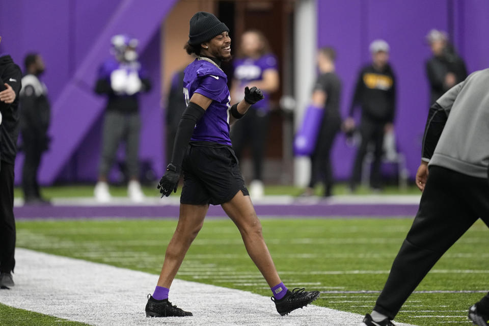 Minnesota Vikings wide receiver Justin Jefferson (18) takes part in drills during an NFL football team practice in Eagan, Minn., Wednesday, Jan. 11, 2023. The Vikings will play the New York Giants in a wild-card game on Sunday. (AP Photo/Abbie Parr)