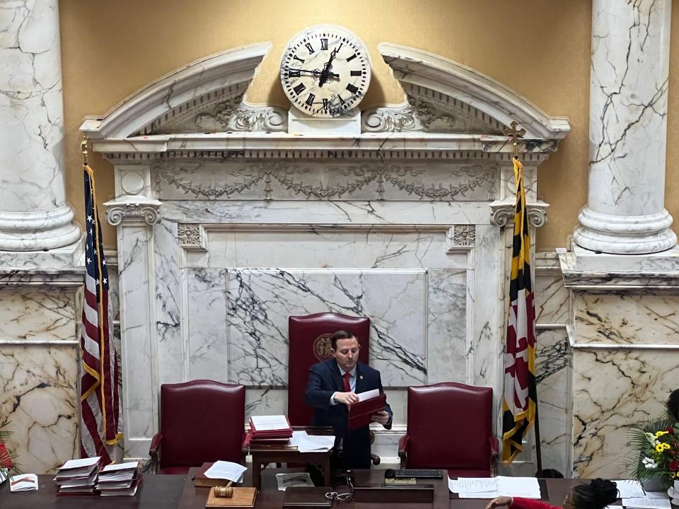 In this file photo, Maryland Senate President Bill Ferguson, D-Baltimore City, stands at the dais in the Senate chamber in Annapolis on Jan. 10, 2024. A Senate committee heard a bill where witnesses had one minute to testify last week.