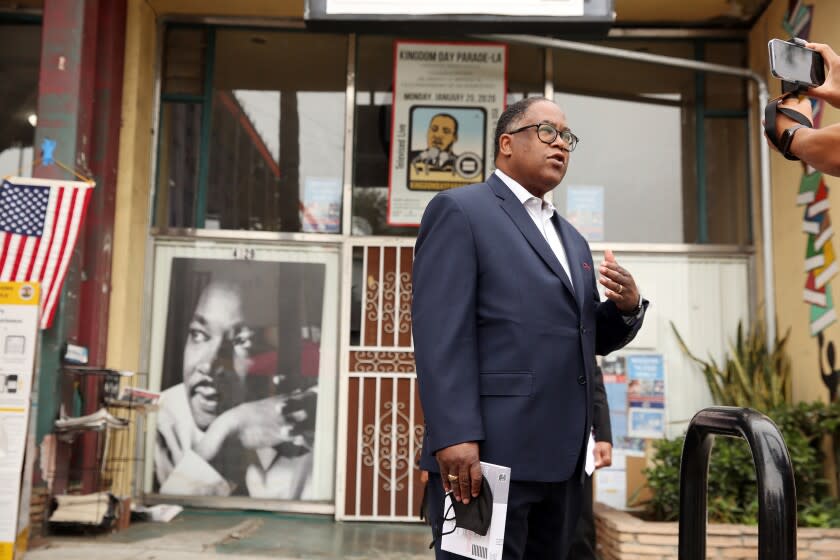 LOS ANGELES, CA - NOVEMBER 03: Los Angeles County Supervisor Mark Ridley-Thomas speaks to the press before casting his vote at Hot and Cool Cafe in Leimert Park on Tuesday, Nov. 3, 2020 in Los Angeles, CA. Mark Ridley-Thomas is running against attorney Grace Yoo for a seat on the Los Angeles City Council that is vacated by Councilman Herb Wesson. (Dania Maxwell / Los Angeles Times)