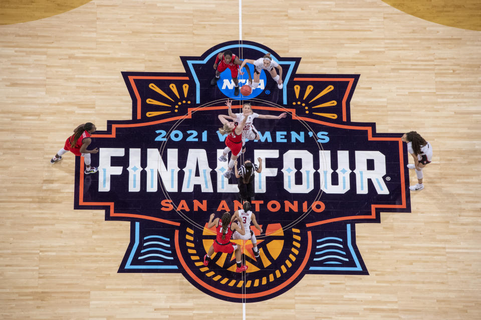 Arizona's Cate Reese and Stanford's Cameron Brink tip off for the start of the NCAA women's championship game on April 4, 2021. (Ben Solomon/NCAA Photos via Getty Images)