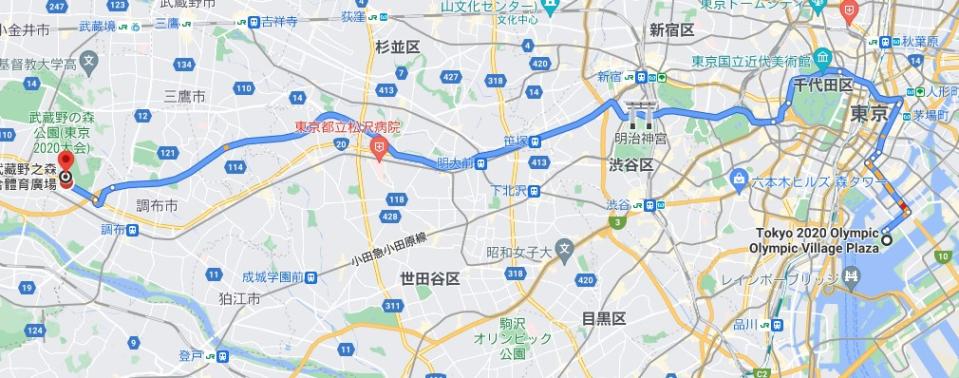 原本選手村的地點距離羽球賽場31公里，開車要40分鐘。（圖／Google Maps）