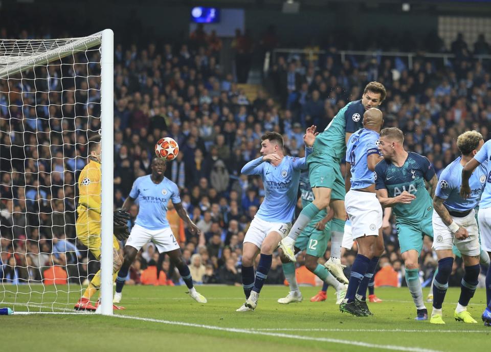 Tottenham Hotspur forward Fernando Llorente scores his side's third goal during the Champions League quarterfinal, second leg, soccer match between Manchester City and Tottenham Hotspur at the Etihad Stadium in Manchester, England, Wednesday, April 17, 2019. (AP Photo/Jon Super)