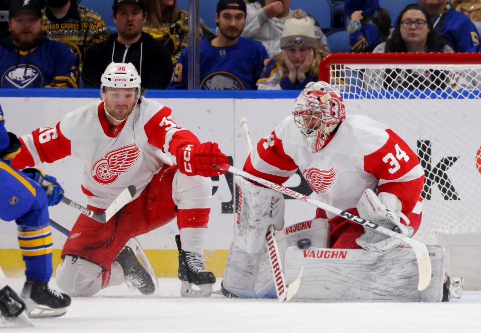 Detroit Red Wings goaltender Alex Lyon makes a save during the first period against the Buffalo Sabres at KeyBank Center in Buffalo on Dec. 5, 2023.