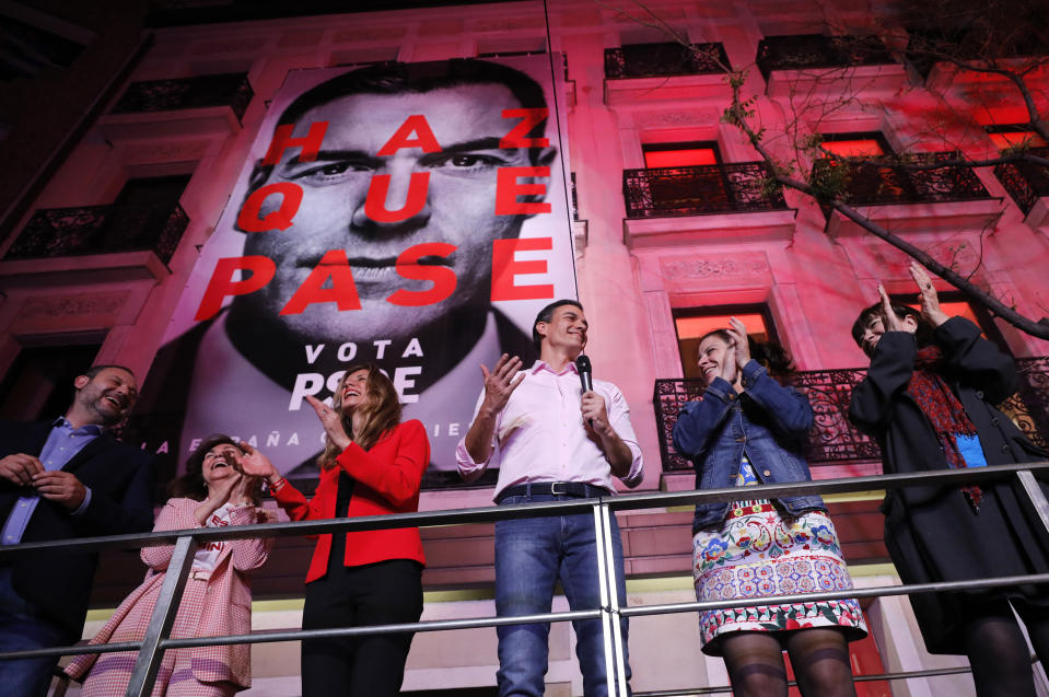 Spain's Prime Minister and Socialist Party leader Pedro Sanchez addresses supporters outside the party headquarters following the general election in Madrid, Spain, Sunday, April 28, 2019. A divided Spain voted Sunday in its third general election in four years, with all eyes on whether a far-right party will enter Parliament for the first time in decades and potentially help unseat the Socialist government. (AP Photo/Bernat Armangue)