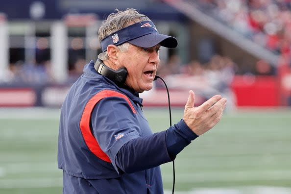 FOXBOROUGH, MASSACHUSETTS - JANUARY 01: Head coach Bill Belichick of the New England Patriots reacts against the Miami Dolphins during the second half at Gillette Stadium on January 01, 2023 in Foxborough, Massachusetts. (Photo by Winslow Townson/Getty Images)