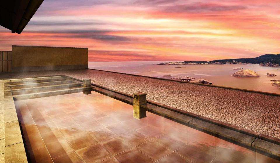 「界出雲」大浴場擁有無敵面海景觀，可邊泡湯邊欣賞夕陽映照日本海的絕景。