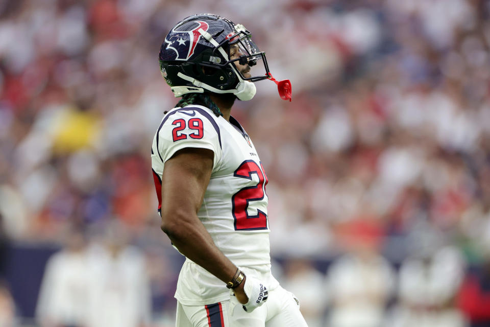 HOUSTON, TEXAS – SEPTEMBER 11: M.J. Stewart #29 of the Houston Texans reacts after making a tackle during the fourth quarter against the Indianapolis Colts at NRG Stadium on September 11, 2022 in Houston, Texas. (Photo by Carmen Mandato/Getty Images)