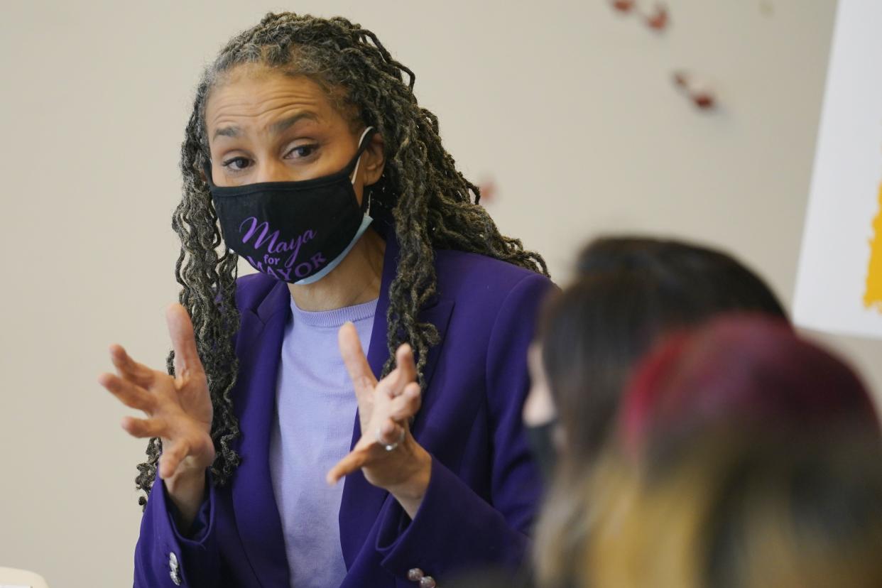 New York City mayoral candidate Maya Wiley speaks to staff and clients of the Little Sisters of the Assumption Family Health Service in New York, Friday, Feb. 12. 