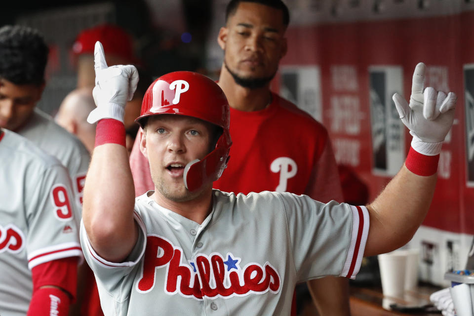 Rhys Hoskins and “Big Al” teamed up to let you know they love hitting dingers. (AP Photo/John Minchillo)