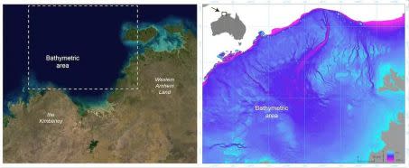 À gauche : une image satellite de la région submergée du plateau nord-ouest. À droite : une carte du territoire englouti de la zone d\'étude. Crédit : US Geological Survey, Geoscience Australia