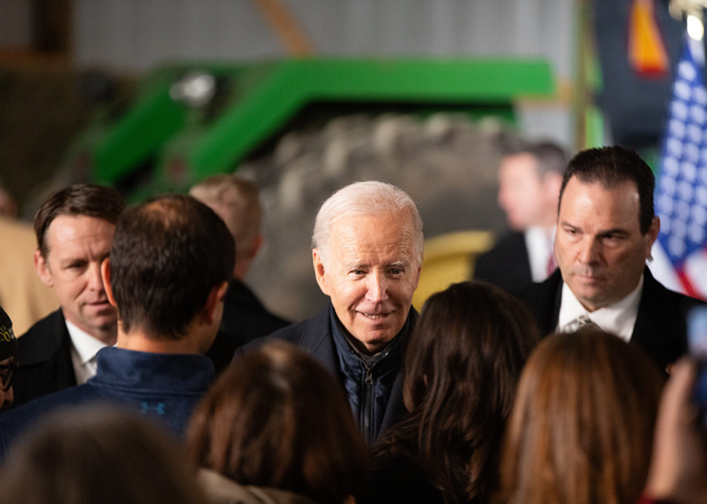 President Joe Biden talks to attendees at Dutch Creek Farms in Dakota County, Minnesota on the first stop of his rural investment tour.  