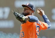 Houston Astros starting pitcher Cristian Javier (53) delivers against the Detroit Tigers during the second inning of a baseball game Wednesday, Sept. 14, 2022, in Detroit. (AP Photo/Duane Burleson)