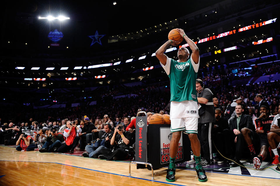 Paul Pierce #34 of the Boston Celtics competes in the Foot Locker Three-Point Contest. (Photo by Kevork Djansezian/Getty Images)