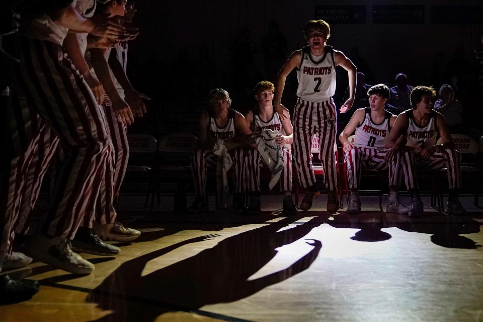 Bethesda Christian Patriots Luke Douglas (2) yells in excitement during team introductions Thursday, Feb. 9, 2023 at Bethesda Christian High School in Brownsburg. The Greenwood Christian Academy Cougars defeated the Bethesda Christian Patriots, 66-43. 