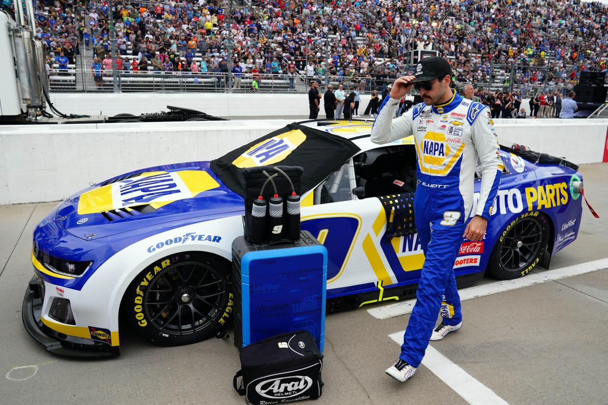 Chase Elliott, shown at Martinsville Speedway on April 16, 2023, was suspended for one race on Tuesday for intentionally wrecking Denny Hamlin in Monday's Coca-Cola 600.