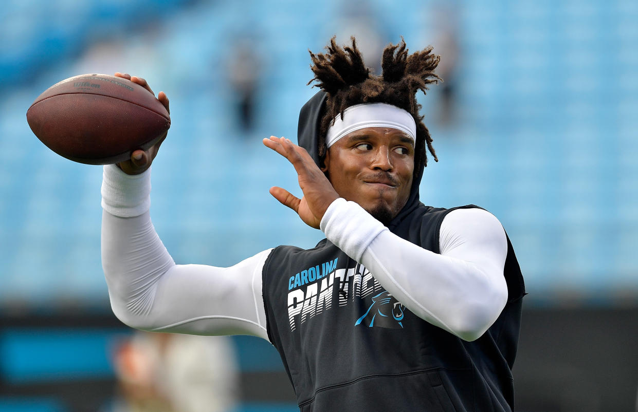 CHARLOTTE, NORTH CAROLINA - SEPTEMBER 12: Cam Newton #1 of the Carolina Panthers against the Tampa Bay Buccaneers during the first quarter of their game at Bank of America Stadium on September 12, 2019 in Charlotte, North Carolina. (Photo by Grant Halverson/Getty Images)