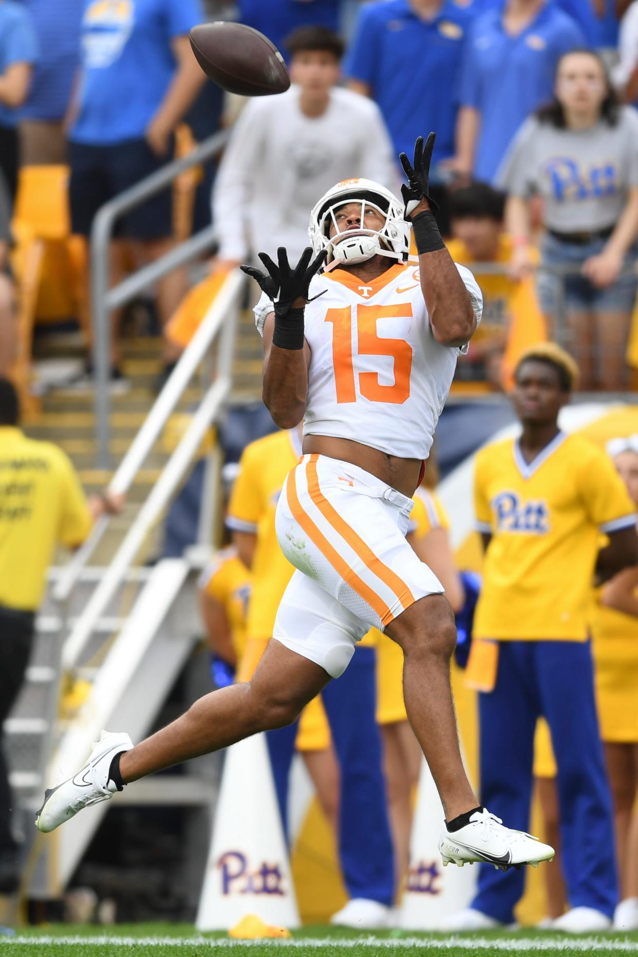 Tennessee wide receiver Bru McCoy (15) catches a pass for a touchdown during the first half of a game between the Tennessee Volunteers and Pittsburgh Panthers in Acrisure Stadium in Pittsburgh, Saturday, Sept. 10, 2022.