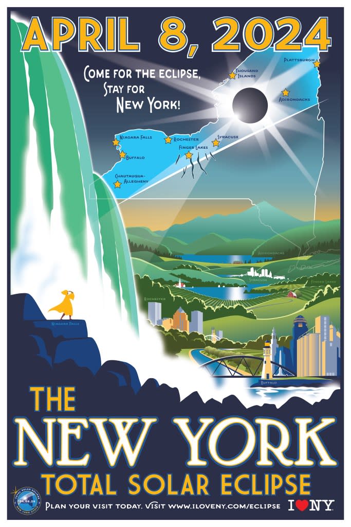 A poster from the New York tourism website shows the path of totallity for the solar eclipse on April 8, 2024. Iloveny.com
