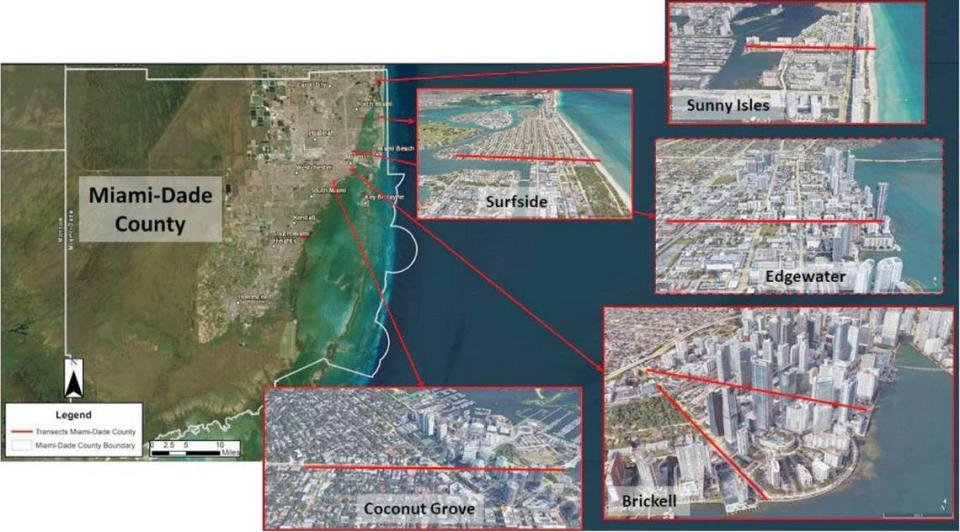 Varios sitios propuestos en el Condado Miami-Dade para nuevos pozos de monitoreo de las aguas subterráneas, que ayudarán a los científicos de la Universidad Internacional de la Florida a hacer un seguimiento de cómo está afectando el ascenso del nivel del mar a las islas barrera del sur de la Florida.