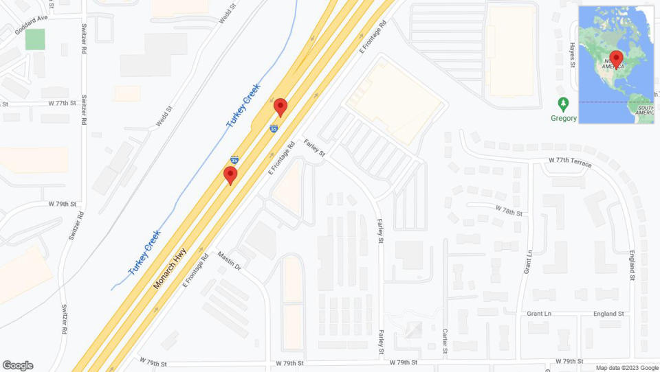 A detailed map that shows the affected road due to 'Broken down vehicle on eastbound I-35 in Overland Park' on December 29th at 2:51 p.m.