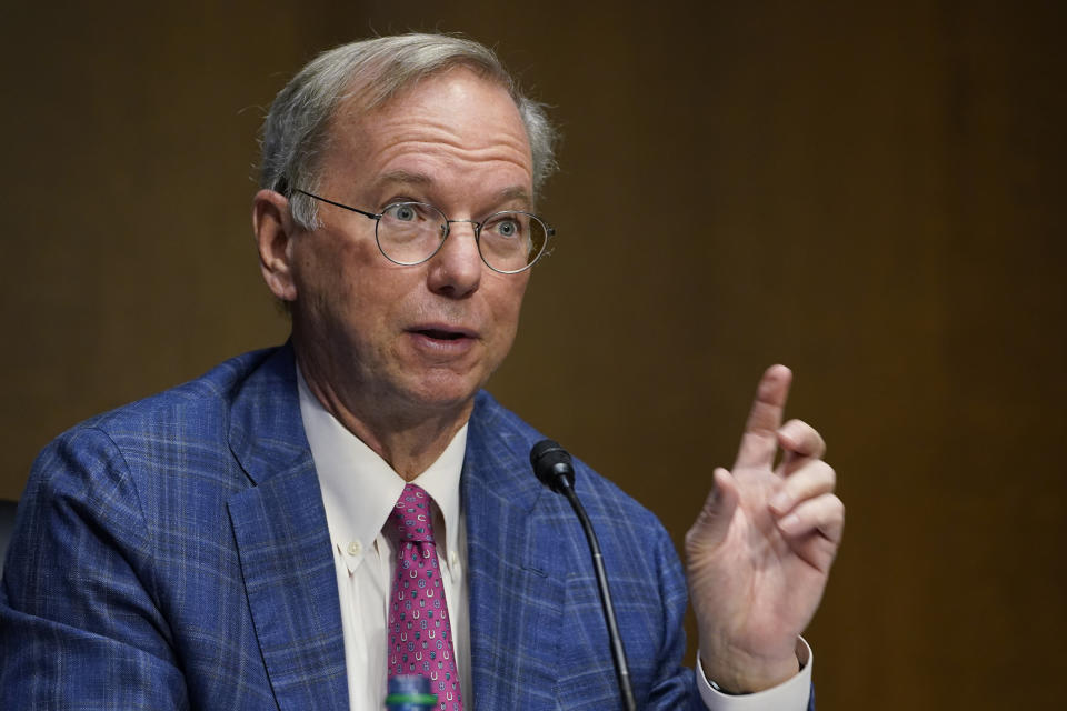 Dr. Eric E. Schmidt, co-founder of Schmidt Futures, speaks on Capitol Hill in Washington, Tuesday, Feb. 23, 2021, during a hearing on emerging technologies and their impact on national security. (AP Photo/Susan Walsh)