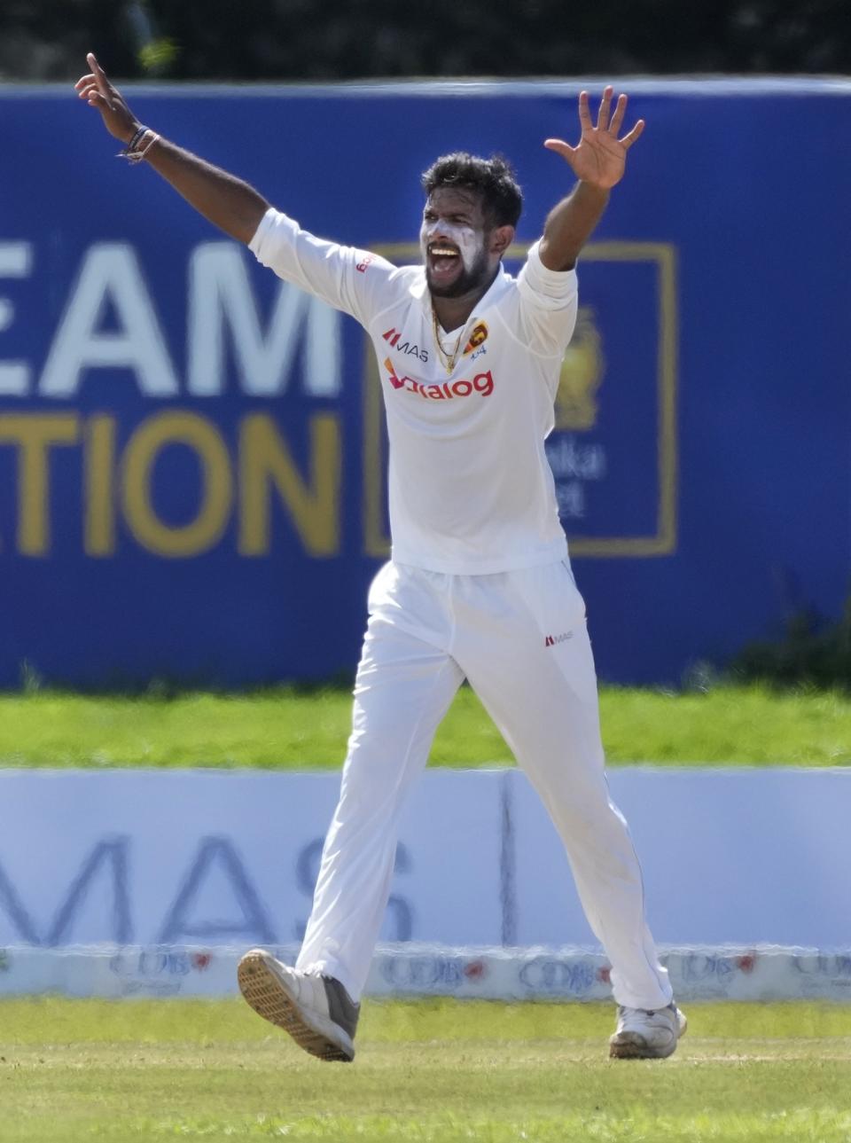 Sri Lankan bowler Ramesh Mendis unsuccessfully appeals for the wicket of West Indies captain Kraigg Brathwaite during the day three of their second test cricket match in Galle, Sri Lanka, Wednesday, Dec. 1, 2021. (AP Photo/Eranga Jayawardena)