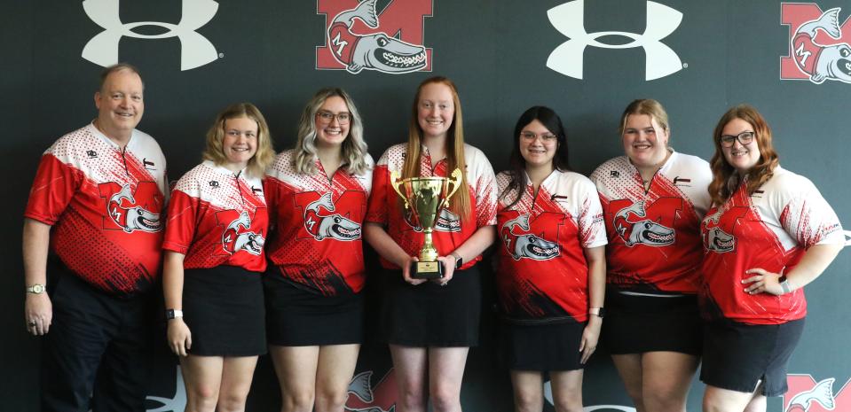 The Muskingum Women Bowling's Team won the National Club Championships earlier this month. The team consisted of, left to right, Coach Doug Smith, Lillian Matteson, Hailey Yingst, Kaylee Hauck, Tayler Clark, Elizabeth Springsteen and Kelsey Wilson.