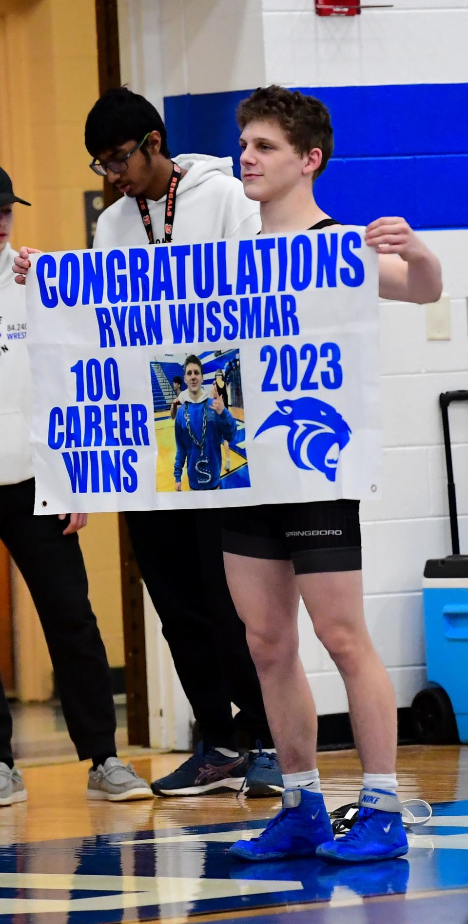 Springboro Ryan Wissmar wrestler picked up the 100th and 101st wins of his career at the district duals on Feb. 4.