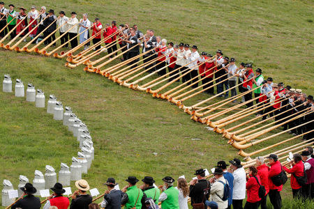 Alphorn blowers perform an ensemble piece on the last day of the Alphorn International Festival on the alp of Tracouet in Nendaz, southern Switzerland, July 22, 2018. REUTERS/Denis Balibouse