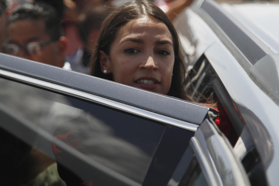 Rep. Alexandria Ocasio-Cortez, of New York, gets in an SUV after touring the inside of the Border Patrol station in Clint, Texas, Monday, July 1, 2019. Ocasio-Cortez spoke alongside fellow members of the Hispanic Caucus. (AP Photo/Cedar Attanasio)