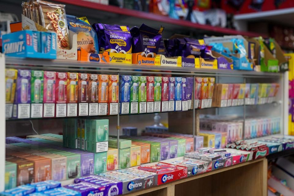 Disposable vapes of varying flavours on sale in a store close to Birmingham (Jacob King/PA) (PA Wire)