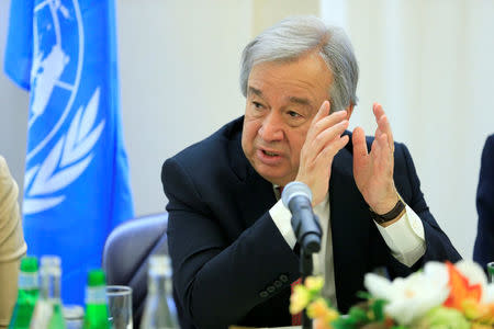 United Nations Secretary General Antonio Guterres speaks to journalists during a breakfast briefing at the European headquarters of the United Nations in Geneva, Switzerland, January 18, 2017. REUTERS/Pierre Albouy