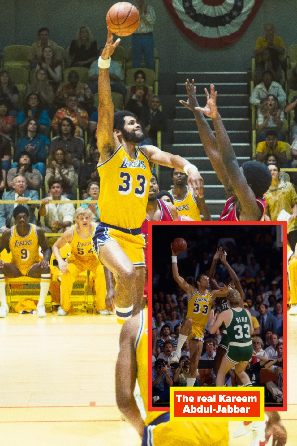 Solomon Hughes as Kareem Abdul-Jabbar shoots a basket during a game in "Winning Time"