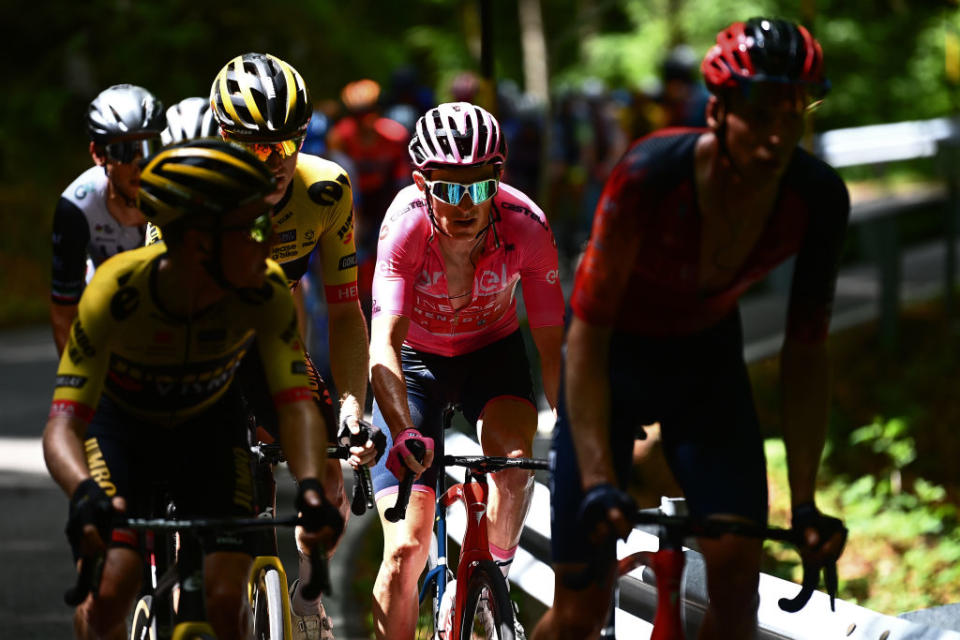 VAL DI ZOLDO  PALAFAVERA ITALY  MAY 25 Geraint Thomas of The United Kingdom and Team INEOS Grenadiers  Pink Leader Jersey competes during the 106th Giro dItalia 2023 Stage 18 a 161km stage from Oderzo to Val di Zoldo  Palafavera 1514m  UCIWT  on May 25 2023 in Val di Zoldo  Palafavera Italy Photo by Tim de WaeleGetty Images