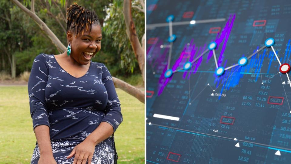 Wadzanai Nenzou smiles while sitting in a park, graphic showing stock prices. 