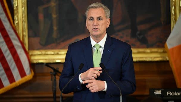 PHOTO: Speaker of the House Kevin McCarthy hosts a luncheon at the U.S. Capitol in Washington, Mar. 17, 2023. (Andrew Caballero-Reynolds/AFP via Getty Images)