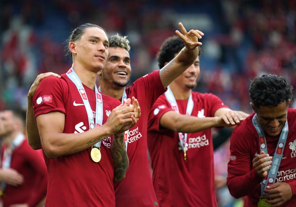 Darwin Nunez (left) and Luis Diaz salute Liverpool fans following the Community Shield win over Man City (Joe Giddens/PA Images). (PA Wire)