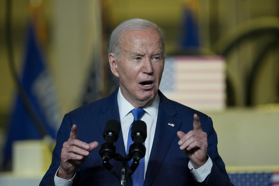 President Joe Biden delivers remarks on his "Investing in America agenda" at Gateway Technical College, Wednesday, May 8, 2024, in Sturtevant, Wis. (AP Photo/Morry Gash)