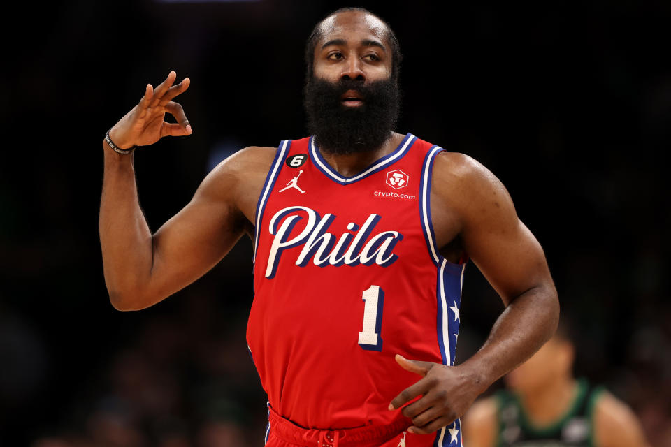 BOSTON, MASSACHUSETTS - MAY 01: James Harden #1 of the Philadelphia 76ers celebrates after hitting a three point shot against the Boston Celtics during the second half in game one of the Eastern Conference Second Round Playoffs against the Boston Celtics at TD Garden on May 01, 2023 in Boston, Massachusetts. NOTE TO USER: User expressly acknowledges and agrees that, by downloading and or using this photograph, User is consenting to the terms and conditions of the Getty Images License Agreement.  (Photo by Maddie Meyer/Getty Images)