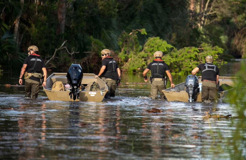 The Florida State Guard Special Missions Unit takes their boats out to search for people after Hurricane Helene hit the area on September 27, 2024 in Steinhatchee, Florida.