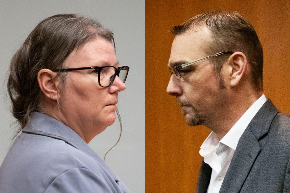 A side by side of Jennifer and James Crumbley in court. (Getty Images)