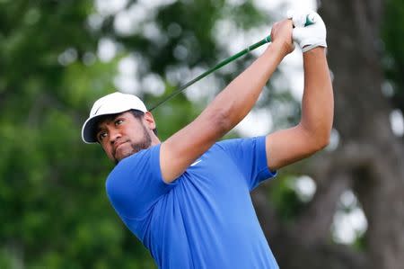 May 23, 2019; Fort Worth, TX, USA; Tony Finau plays his shot from the 11th tee during the first round the Charles Schwab Challenge golf tournament at Colonial Country Club. Mandatory Credit: Ray Carlin-USA TODAY Sports