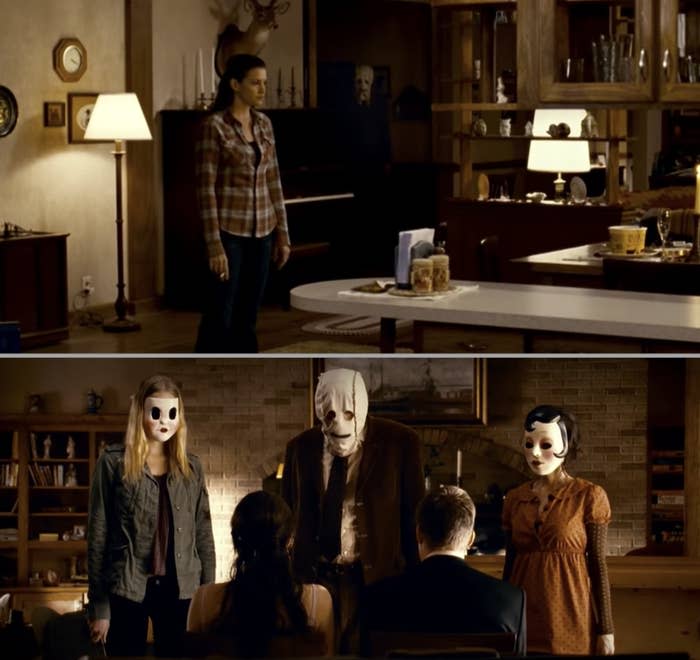 Three people in masks tying up two unsuspecting people in a cabin in "The Strangers"