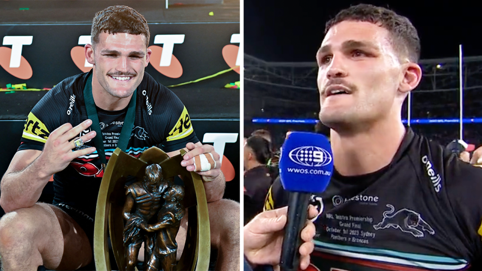 Nathan Cleary celebrating and Cleary speaking during an interview,