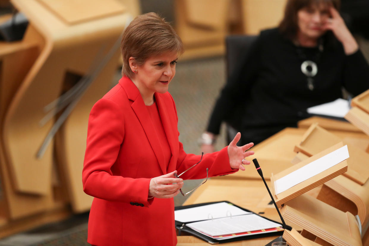 Scottish First Minister Nicola Sturgeon during a meeting at the Scottish Parliament in Edinburgh, where she announced that lockdown restrictions are to be extended until at least the middle of February in Scotland, with schools remaining closed to the majority of pupils. Picture date: Tuesday January 19, 2021.