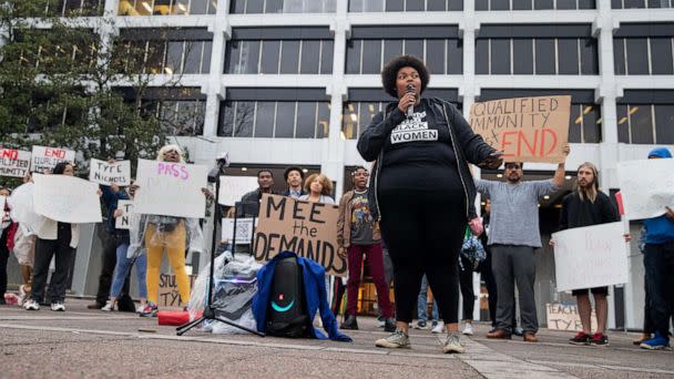 PHOTO: Amber Sherman speaks at a rally to demand the city council support six ordinances regarding public safety and police reform outside Memphis City Hall, March 2, 2023, in Memphis, Tenn. (The Commercial Appeal via USA Today, FILE)