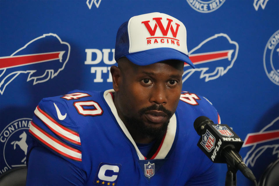 Sep 8, 2022; Inglewood, California, USA; Buffalo Bills linebacker Von Miller (40) task to the press after the game against the Los Angeles Rams at SoFi Stadium. Mandatory Credit: Kirby Lee-USA TODAY Sports