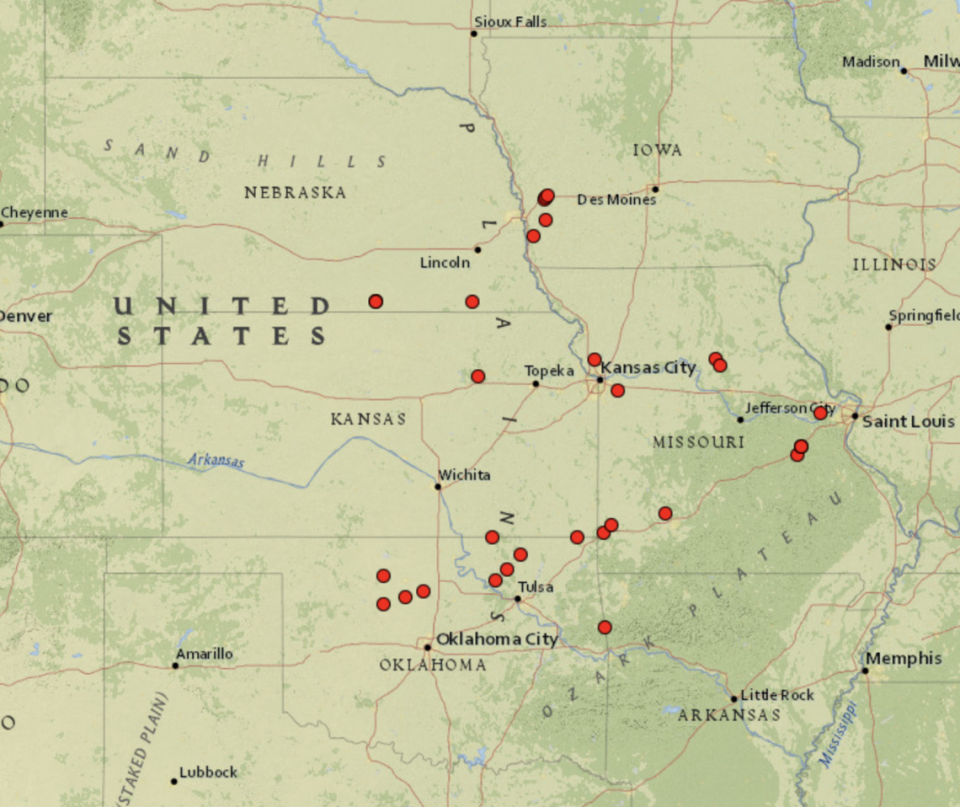 As indicated by the red dots, there were many tornadoes to the north and south of Wichita on May 6, but none materialized in the city.