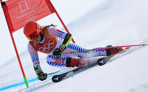 American ski racer Mikaela Shriffin giant slalom gold Oakley Harmony Fade Flight Deck XM Pyeongchang 2018 Winter Olympics - Credit: Sean M Haffey/Getty Images