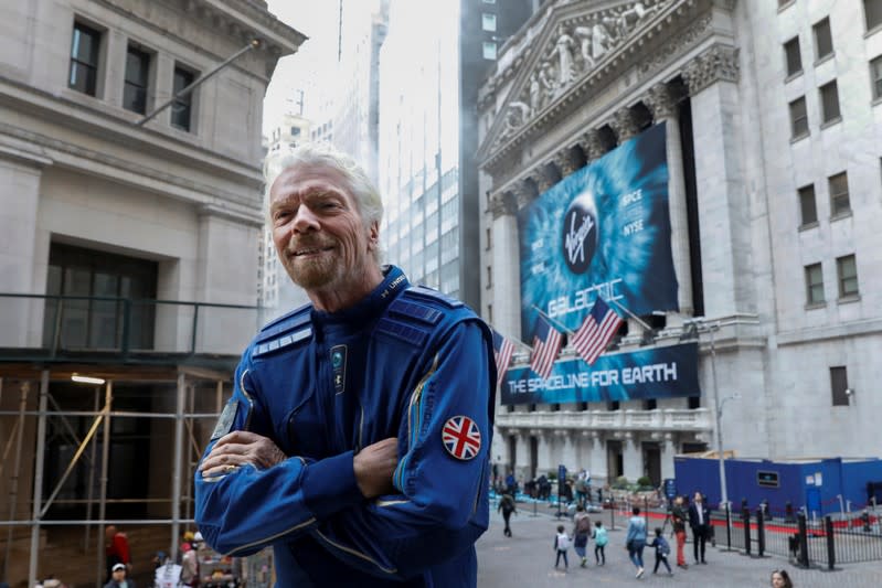 Sir Richard Branson poses outside of the New York Stock Exchange (NYSE) ahead of Virgin Galactic (SPCE) trading in New York